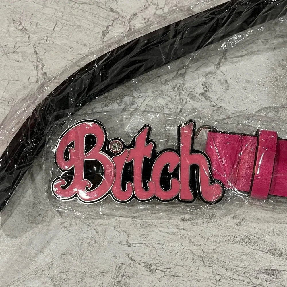 Retro BitchBelt buckle Punk Y2K Pink Diamond Metal Letter Leather Z Belts - Picture 1 of 2